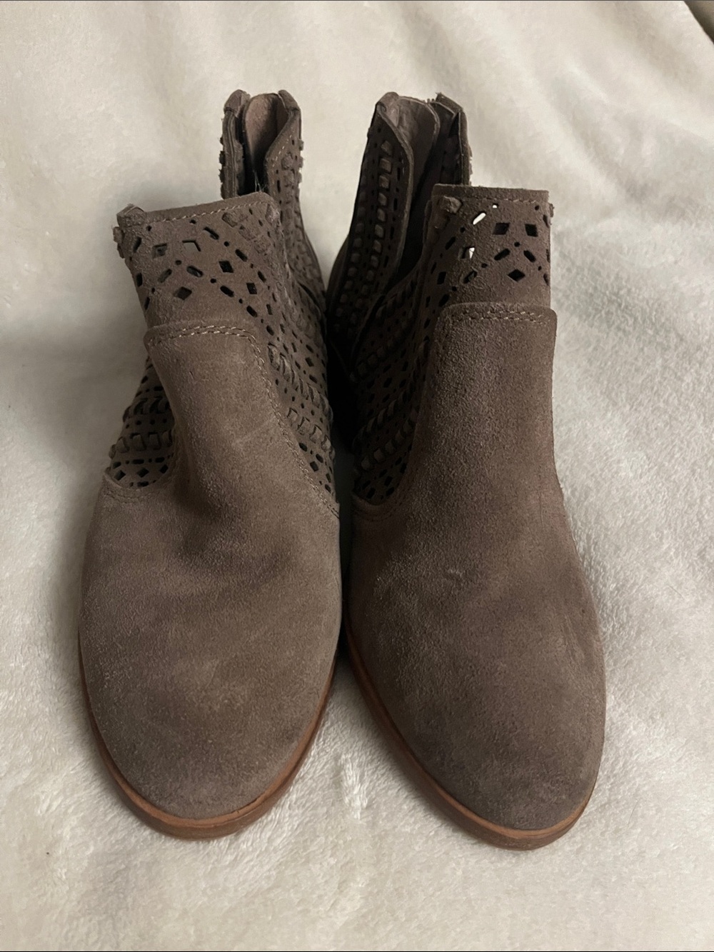 Vince Camuto Taupe Suede Laser-Cut Ankle Booties